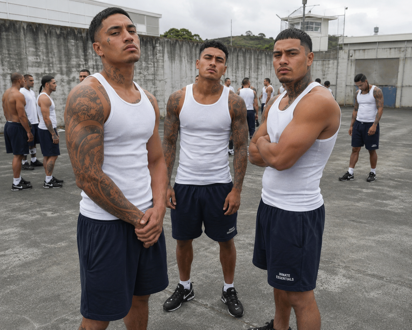 People in prison wearing Inmate Essentials singlets and shorts
